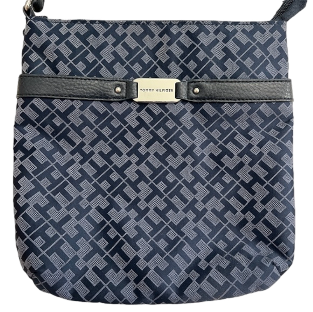 Tommy Hilfiger navy signature crossbody bag, logo fabric w/ faux leather trim